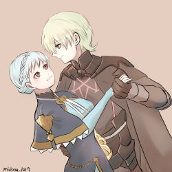 Rule 34 | 1boy, 1girl, armor, black armor, black gloves, blue dress, blue hair, braid, brown eyes, buttons, byleth (fire emblem), byleth (male) (fire emblem), capelet, couple, crown braid, double-breasted, dress, fire emblem, fire emblem: three houses, gloves, green eyes, green hair, hetero, highres, holding hands, marianne von edmund, midona 1017, nintendo, simple background, tan background
