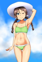 Rule 34 | 1girl, bikini, blue eyes, blush, braid, brave witches, breasts, brown hair, female focus, freckles, green bikini, hat, highres, kunashiri (etorofu), looking at viewer, misumi miya, navel, one eye closed, outdoors, sky, small breasts, smile, solo, swimsuit, twin braids, twintails, world witches series