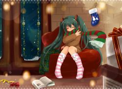 Rule 34 | 1girl, book, christmas, closed eyes, dress, gift, green hair, hatsune miku, mochizuki yomogi, open book, scarf, sitting, socks, solo, striped clothes, striped legwear, striped socks, sweater, sweater dress, twintails, vocaloid