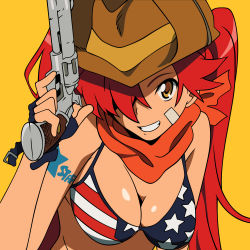 Rule 34 | absurdres, american flag bikini, bandage on face, bandages, bikini, breasts, close-up, cowboy hat, fingerless gloves, flag print, gloves, hat, highres, holding, holding weapon, looking at viewer, red hair, scarf, smile, solo, swimsuit, tengen toppa gurren lagann, weapon, yellow eyes, yoko littner