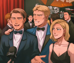 Rule 34 | 1other, 2girls, 6+boys, alternate universe, annie leonhart, black dress, blonde hair, blue eyes, bow, bowtie, brown hair, chalseu, character request, collared shirt, dress, earrings, facial hair, formal, grin, hand on another&#039;s shoulder, highres, holding, holding microphone, interview, jean kirstein, jewelry, microphone, multiple boys, multiple girls, open mouth, poster (object), reiner braun, shingeki no kyojin, shirt, smile, suit, white shirt
