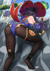 Rule 34 | 1girl, ass, back, bare shoulders, black hair, black pantyhose, breasts, coattails, commentary request, detached sleeves, floating island, from behind, genshin impact, grabbing, hat, large breasts, long hair, mona (genshin impact), pantyhose, rock, sideboob, soles, tree, twintails, witch hat, xiaochentan