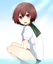 Rule 34 | 10s, 1girl, adapted costume, alternate costume, bad id, bad pixiv id, brown eyes, brown hair, gradient background, in water, kantai collection, looking at viewer, mutsuki (kancolle), open mouth, school swimsuit, school uniform, serafuku, short hair, solo, squatting, swimsuit, swimsuit under clothes, wet, yukichi (eikichi)