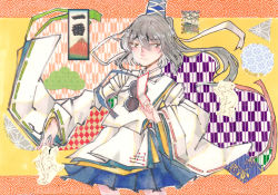 Rule 34 | 1girl, asa no ha (pattern), blue skirt, cowboy shot, expressionless, grey hair, harlequin (pattern), hat, hat ribbon, highres, japanese clothes, letterboxed, long sleeves, mononobe no futo, pom pom (clothes), ponytail, postage stamp, ribbon, ribbon-trimmed sleeves, ribbon trim, seastar, shippou (pattern), short hair, skirt, solo, tate eboshi, touhou, wide sleeves, yagasuri, yellow background
