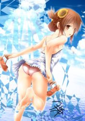 Rule 34 | 10s, 1girl, alternate costume, anchor symbol, ass, barefoot, brown eyes, brown hair, colorized, dress, feet, flower, folded ponytail, hair flower, hair ornament, inazuma (kancolle), kantai collection, leaning forward, lips, long hair, looking back, panties, parted lips, pink panties, sandals, unworn sandals, short dress, signature, soles, solo, splashing, standing, standing on one leg, thighs, toes, underwear, water, yua (checkmate)