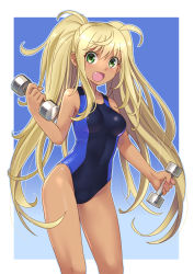 Rule 34 | 1girl, ahoge, blonde hair, blue background, blue one-piece swimsuit, border, breasts, commentary request, competition swimsuit, cowboy shot, dark-skinned female, dark skin, dumbbell, dumbbell nan kilo moteru?, fang, gradient background, green eyes, highres, katahira masashi, long hair, looking at viewer, one-piece swimsuit, open mouth, sakura hibiki, small breasts, smile, solo, standing, swimsuit, twintails, white border