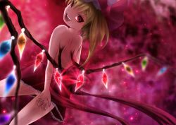 Rule 34 | 1girl, alternate costume, bad id, bad pixiv id, blonde hair, crystal, dress, fang, fangs, female focus, flandre scarlet, from behind, hat, looking back, masatome, open mouth, purple background, red eyes, ribbon, skirt, smile, solo, topless, touhou, wings