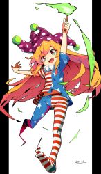 Rule 34 | 1girl, absurdres, american flag dress, american flag legwear, arm up, blonde hair, clownpiece, dated, dress, fairy wings, fang, full body, hat, highres, holding, jester cap, long hair, looking at viewer, midriff peek, navel, neck ruff, open mouth, pantyhose, polka dot, purple hat, ranka (tonbo), red eyes, short sleeves, simple background, smile, solo, star (symbol), star print, striped, torch, touhou, very long hair, white background, wings