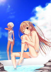 2boys bad_id bad_pixiv_id barefoot bikini blonde_hair child crossdressing dark-skinned_male dark_skin hugging_own_legs long_hair male_focus multiple_boys one_eye_closed original partially_submerged red_eyes saikawa_yusa short_hair silver_hair sitting soaking_feet swimsuit trap water wink