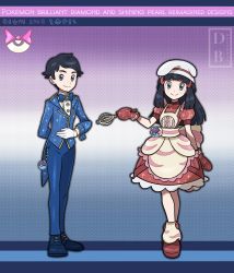 Rule 34 | 1boy, 1girl, apron, black hair, blue bow, blue bowtie, blue footwear, blue pants, blush, bow, bowtie, buttons, chef hat, closed mouth, commentary, copyright name, creatures (company), dawn (palentine&#039;s 2021) (pokemon), dawn (pokemon), dreambig, dress, eyelashes, game freak, gloves, grey eyes, hair ornament, hairclip, hat, highres, leg warmers, long hair, long sleeves, looking at viewer, lucas (pokemon), mittens, nintendo, official alternate costume, oven mitts, pants, pokemon, pokemon dppt, pokemon masters ex, red dress, red footwear, red mittens, shirt, shoes, short sleeves, sidelocks, smile, tailcoat, watermark, white gloves, white headwear, white shirt