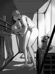 Rule 34 | 1boy, 1girl, air conditioner, animated, animated gif, barefoot sandals (jewelry), bottomless, breasts, clothed sex, greyscale, hetero, highres, indoors, large breasts, looping animation, monochrome, original, plant, sakenomi akane, sandals, sex, sex from behind, shirt, short hair, short sleeves, standing, standing sex, t-shirt, toes