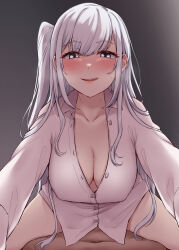 Rule 34 | 1boy, 1girl, absurdres, blush, bottomless, breasts, cleavage, collarbone, collared shirt, cowgirl position, dress shirt, fuyutsuki (kancolle), girl on top, grey hair, hetero, highres, implied sex, kantai collection, kiritto, large breasts, long hair, long sleeves, looking at viewer, naked shirt, one side up, open clothes, pov, sex, shirt, simple background, solo focus, straddling, sweat, tongue, tongue out, very long hair, white hair, white shirt