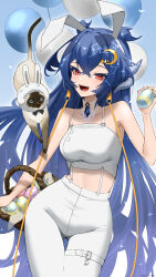 Rule 34 | 1girl, absurdres, animal ears, balloon, basket, belt, blue hair, breasts, cat, collar, commission, crescent, crescent hair ornament, crossed bangs, detached collar, diamond brooch, easter egg, egg, fake animal ears, hair between eyes, hair ornament, highres, holding, holding egg, horns, indie virtual youtuber, k (art71), linea alba, long hair, open mouth, pants, rabbit ears, red eyes, skeb commission, solo, sparkle, suspenders, thigh belt, thigh gap, thigh strap, very long hair, vienna (vtuber), virtual youtuber, white belt, white collar, white pants