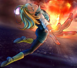 Rule 34 | 1girl, absurdres, android 18, ass, black legwear, blonde hair, blue eyes, boots, breasts, city, cityscape, commentary request, dragon ball, dragonball z, dutch angle, energy, expressionless, eyelashes, fingernails, fire, floating hair, flying, from above, full body, highres, light smile, long sleeves, looking at viewer, looking back, nagare seiya, outdoors, outstretched arms, outstretched hand, skirt, solo, waistcoat