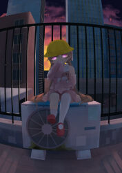 Rule 34 | 1girl, air conditioner, asymmetrical legwear, backlighting, building, dress, glowing, glowing eyes, hair between eyes, hat, head tilt, highres, holding, light brown hair, long hair, long sleeves, looking at viewer, low twintails, ne an ito, pink dress, pink eyes, railing, red footwear, shadow, single sock, single thighhigh, sitting, sleeveless, sleeveless dress, sleeves past fingers, sleeves past wrists, socks, solo, thighhighs, tsukuyomi ai, twintails, very long hair, voiceroid, yellow hat