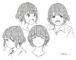 Rule 34 | 1girl, closed mouth, dated, expressions, frown, greyscale, horikou, looking at viewer, monochrome, multiple views, open mouth, shima saki, short hair, signature, simple background, smile, white background, yurucamp