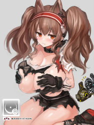 Rule 34 | angelina (arknights), animal ears, arknights, blush, breast expansion, breasts, brown eyes, brown hair, covering privates, covering breasts, doctor (arknights), edobox, fist pump, fox ears, gameplay mechanics, gloves, hair between eyes, hairband, huge breasts, infection monitor (arknights), originium slug (arknights), pout, shorts, sitting, thighs, torn clothes, torn shorts, twintails, wariza