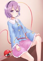 Rule 34 | 1girl, absurdres, black hairband, blouse, blue shirt, breasts, brown background, brown eyes, closed mouth, collar, hair between eyes, hairband, heart, heart-shaped pupils, highres, komeiji satori, long sleeves, looking at viewer, mantou xiang, pink skirt, purple eyes, purple hair, shirt, short hair, simple background, sitting, skirt, small breasts, solo, symbol-shaped pupils, third eye, touhou