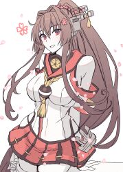 Rule 34 | 1girl, arms behind back, blush, breasts, brown hair, detached sleeves, flower, hair between eyes, headgear, highres, hip vent, kantai collection, kasumi (skchkko), large breasts, long hair, looking at viewer, parted lips, petals, pink flower, ponytail, red eyes, sidelocks, simple background, skirt, solo, tassel, very long hair, white background, yamato (kancolle)