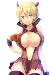 Rule 34 | 10s, 1girl, alternate breast size, black gloves, black thighhighs, blush, braid, breasts, closed mouth, cowboy shot, cup, darjeeling (girls und panzer), demon horns, fingerless gloves, girls und panzer, gloves, hair between eyes, halloween, hand up, holding, holding cup, horns, large breasts, looking at viewer, navel, satou daiji, simple background, smile, solo, teacup, thighhighs, thighs, white background
