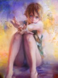 Rule 34 | 1girl, androgynous, bare legs, bare shoulders, barefoot, blonde hair, blue eyes, dirt, expressionless, fingernails, head tilt, highres, lips, long fingernails, nababa, no pants, original, outstretched arms, palms, panties, pantyshot, parted lips, realistic, shirt, sitting, sleeveless, sleeveless shirt, solo, spread fingers, stitches, underwear, white panties
