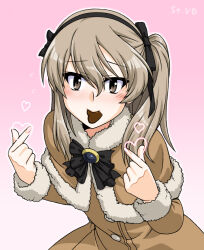 Rule 34 | 1girl, black ribbon, blush, brown capelet, brown coat, brown eyes, candy, capelet, chocolate, chocolate heart, closed mouth, coat, commentary, finger heart, food, fur-trimmed capelet, fur-trimmed coat, fur trim, girls und panzer, gradient background, hair ribbon, heart, leaning forward, light brown hair, long hair, long sleeves, looking at viewer, mouth hold, one side up, oosaka kanagawa, pink background, ribbon, shimada arisu, solo, valentine