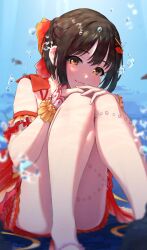 Rule 34 | 1girl, air bubble, bare legs, black hair, blurry, blurry background, blush, braid, bubble, frilled wristband, hands on own knees, highres, idolmaster, idolmaster cinderella girls, kaiso (kaisooekaki), knees together feet apart, knees up, light smile, looking at viewer, own hands together, simple fish, solo, takafuji kako, underwater
