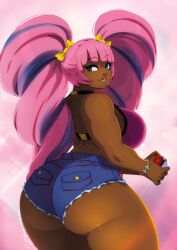 Rule 34 | 1girl, ass, ass focus, blue eyes, blue hair, breasts, commentary, commission, dark-skinned female, dark skin, drill hair, english commentary, hair ribbon, highres, large breasts, ming-ming, multicolored hair, original, pink hair, plump, ribbon, shorts, smile, solo, sports bra, thick thighs, thighs, tovio rogers, two-tone hair