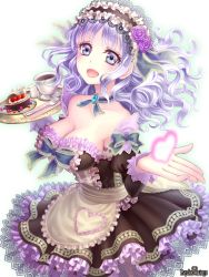 Rule 34 | 1girl, apron, bare shoulders, breasts, cake, cleavage, cup, dress, food, frills, frontier town, hairband, heart, large breasts, light purple hair, lolita fashion, lolita hairband, maid apron, original, outstretched hand, psychic hearts, purple eyes, solo, tray, waitress