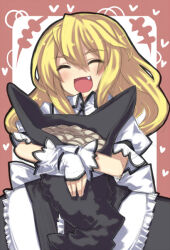 Rule 34 | 1girl, apron, black dress, black hat, blonde hair, closed eyes, commentary request, dress, facing viewer, fang, fingerless gloves, frilled apron, frills, gloves, gozen shinshi, happy, hat, heart, holding, holding clothes, holding hat, kirisame marisa, long hair, open mouth, puffy short sleeves, puffy sleeves, shirt, short sleeves, sketch, smile, solo, touhou, unworn hat, unworn headwear, white apron, white gloves, white shirt, witch hat