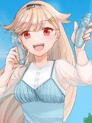 Rule 34 | 1girl, alternate costume, black ribbon, blonde hair, blouse, blue camisole, blue sky, bobokuboboku, bottle, camisole, cloud, commentary request, hair flaps, hair ornament, hair ribbon, hairclip, kantai collection, long hair, looking at viewer, ramune, red eyes, ribbon, shirt, sky, smile, solo, upper body, white shirt, yuudachi (kancolle), yuudachi kai ni (kancolle)