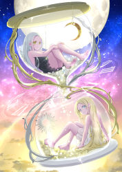 Rule 34 | 2girls, analog clock, barefoot, blonde hair, clock, colored eyelashes, crescent, dress, gold, grey eyes, highres, hourglass, hugging own legs, in container, knees up, long hair, looking at viewer, looking back, multiple girls, original, parted bangs, sand, silver (metal), sitting, sky, sleeveless, sleeveless dress, smile, space, star (sky), star (symbol), starry sky, sunset, suzune (p5lel), very long hair, white hair, yellow eyes