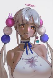 Rule 34 | 1girl, absurdres, blue ribbon, blush, breasts, brown eyes, choker, dark-skinned female, dark skin, fake halo, hair ornament, halo, highres, hololive, hololive english, huge breasts, looking at viewer, mechjunk, neck ribbon, parted lips, planet hair ornament, ribbon, simple background, smile, solo, tsukumo sana, tsukumo sana (1st costume), twintails, upper body, virtual youtuber, white background, white choker, white hair