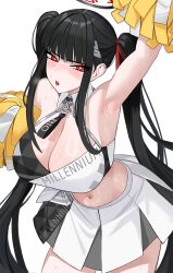 Rule 34 | 1girl, alternate hairstyle, arm up, armpits, black hair, blue archive, blunt bangs, blush, breasts, breath, character name, cheerleader, cleavage, commentary request, cosplay, crop top, ddog, hair ornament, hair ribbon, halo, highres, holding, holding pom poms, large breasts, long hair, looking at viewer, millennium cheerleader outfit (blue archive), navel, parted lips, pleated skirt, pom pom (cheerleading), pom poms, red eyes, red ribbon, ribbon, rio (blue archive), sidelocks, simple background, skirt, sleeveless, solo, stomach, sweat, twintails, very long hair, white background