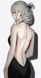 Rule 34 | 1girl, an-94 (girls&#039; frontline), back, backless dress, backless outfit, bare arms, bare back, bare shoulders, black dress, blue eyes, bracelet, breasts, butt crack, commentary request, dress, earrings, from behind, girls&#039; frontline, grey hair, hair bun, halterneck, highres, jewelry, looking at viewer, looking back, parted lips, selcky, shoulder blades, sideboob, simple background, single earring, single hair bun, small breasts, solo, white background