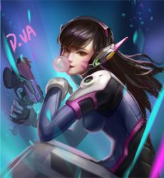 Rule 34 | 1girl, armor, black hair, blue background, bodysuit, breasts, brown eyes, blowing bubbles, character name, charm (object), chewing gum, d.va (overwatch), facepaint, facial mark, finger on trigger, from side, gloves, gun, handgun, headphones, high collar, holding, holding gun, holding weapon, impossible clothes, leaning forward, legs together, long hair, looking at viewer, looking to the side, medium breasts, overwatch, overwatch 1, paprika (amz123), pauldrons, pilot suit, pistol, ribbed bodysuit, shoulder armor, shoulder pads, sitting, skin tight, solo, swept bangs, weapon, whisker markings, white gloves