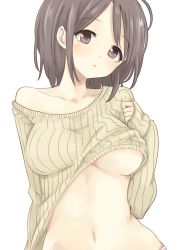Rule 34 | 1girl, bad id, bad pixiv id, bare shoulders, breasts, brown eyes, brown hair, clothes lift, collarbone, head tilt, large breasts, looking away, morina nao, navel, off shoulder, original, simple background, solo, standing, stomach, sweater, sweater lift, underboob, upper body