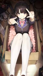 Rule 34 | 1girl, absurdres, black hair, blunt bangs, blush, bow, bowtie, box, finger frame, foreshortening, grin, highres, in box, in container, jacket, long hair, looking at viewer, nezumidoshi, nijisanji, open clothes, open jacket, petticoat, purple eyes, school uniform, smile, solo, thighhighs, tile floor, tiles, tsukino mito, tsukino mito (1st costume), very long hair, virtual youtuber, white thighhighs