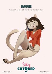 Rule 34 | 2021, a kitty bobo show, absurdres, animal ears, bad tag, black panties, breasts, brown eyes, brown hair, cat ears, cat girl, cat tail, catober, catober 2021, cellphone, cleavage, clothing pull, eyebrows, eyelashes, fangs, feliscede, footwear focus, furry, furry female, highres, holding, holding phone, long hair, long tail, maggie (kitty bobo), medium breasts, open mouth, outline, panties, panty pull, phone, portrait, pulling panties down, simple background, sitting, tail, text focus, tuft, underwear, white background, white fur