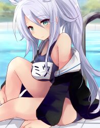 Rule 34 | 1girl, adapted costume, alternate costume, alternate hairstyle, black jacket, blue eyes, blue one-piece swimsuit, braid, breasts, cleavage, day, grey hair, hair flaps, highres, hirune (konekonelkk), jacket, kantai collection, large breasts, long hair, mole, mole under eye, name tag, one-piece swimsuit, open clothes, open jacket, outdoors, ponytail, pool, pool ladder, poolside, school swimsuit, single braid, sitting, solo, swimsuit, umikaze (kancolle), umikaze kai ni (kancolle), very long hair, water