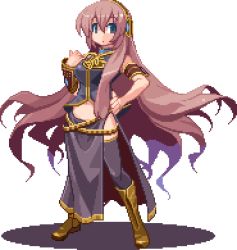 Rule 34 | 1girl, boots, d-01, female focus, full body, hand on own hip, headset, hip focus, long hair, lowres, megurine luka, midriff, pink hair, pixel art, solo, thighhighs, very long hair, vocaloid, white background
