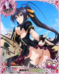 Rule 34 | 10s, 1girl, artist request, ass, black hair, black thighhighs, breasts, card (medium), character name, chess piece, fingerless gloves, gloves, high school dxd, high school dxd infinity, himejima akeno, large breasts, long hair, official art, ponytail, purple eyes, queen (chess), sideboob, skirt, solo, thighhighs, torn clothes, trading card, very long hair