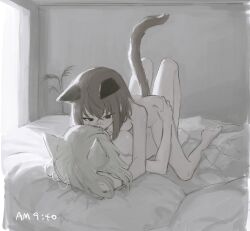 Rule 34 | 2girls, animal ears, ass grab, bandaid, bandaid on face, bandaid on nose, barefoot, blonde hair, brown hair, cat ears, cat girl, cat tail, couple, haihk6, kiss, multiple girls, nude, on bed, original, pillow, plant, potted plant, short hair, tail, wall, yuri