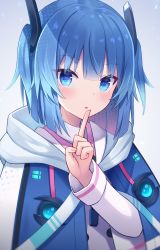 Rule 34 | 1girl, blue eyes, blue hair, blue jacket, commentary request, hair ornament, highres, index finger raised, jacket, long sleeves, looking at viewer, short hair, shuuichi (gothics), simple background, solo, upper body, virtual youtuber, white background
