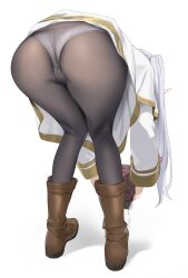 Rule 34 | 1girl, ass, ass focus, bad id, bad twitter id, bent over, black pantyhose, boots, brown footwear, commentary request, elf, female focus, frieren, from behind, full body, grey hair, highres, holding, leaning forward, long hair, long sleeves, panties, panties under pantyhose, pantyhose, pointy ears, simple background, solo, sousou no frieren, standing, thighs, twintails, under shot, underwear, white background, white panties, yd (orange maru)