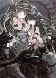 Rule 34 | 2girls, animal ears, arm hug, black hair, breasts, chain, closed mouth, collarbone, conjoined, cuffs, detached sleeves, dog, dog ears, highres, long hair, looking at viewer, medium breasts, monster girl, multiple girls, navel, original, outline, ponytail, shackles, tefec, white outline