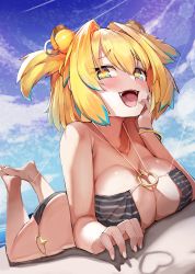 Rule 34 | + +, 1girl, beach, bikini, bikini top only, blonde hair, blue eyes, blue sky, bombergirl, breast press, breasts, cleavage, day, feet, gesugao, gradient hair, grenade hair ornament, head rest, highres, huge breasts, looking at viewer, lying, multicolored hair, o-ring, o-ring bikini, o-ring bottom, o-ring top, on stomach, open mouth, outdoors, pine (bombergirl), short hair, short twintails, sky, smile, smug, solo, soma (somaing1005), swimsuit, symbol-shaped pupils, twintails, two-tone hair, two side up, yellow bikini, yellow pupils