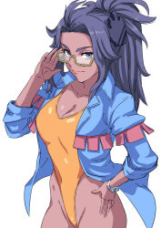 Rule 34 | 1girl, adjusting eyewear, bare legs, black hair, blue coat, breasts, cleavage, closed mouth, coat, collarbone, collared coat, commentary request, creatures (company), dark-skinned female, dark skin, eyelashes, game freak, grey eyes, hai (h81908190), hand on own hip, hand up, high ponytail, highleg, highleg swimsuit, long hair, medium breasts, nintendo, one-piece swimsuit, open clothes, open coat, orange one-piece swimsuit, pokemon, pokemon sv, raifort (pokemon), sleeves rolled up, smile, solo, swimsuit, very long hair, white background, wide hips