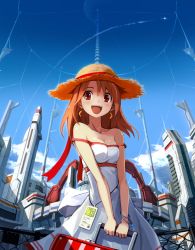 Rule 34 | 1girl, :d, aircraft, airplane, bail, bangle, bare shoulders, blush, bracelet, breasts, brown hair, cityscape, cloud, collarbone, contrail, day, dress, earrings, elevator, hat, holding, jewelry, looking at viewer, medium breasts, open mouth, original, outdoors, red eyes, science fiction, sky, smile, solo, space elevator, sparkle, straw hat, suitcase, white dress