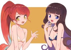 Rule 34 | 2girls, :d, blue bra, blue eyes, blush, bra, breasts, brown hair, cleavage, fang, hand on own face, kurosu aroma, long hair, looking at viewer, medium breasts, multiple girls, open mouth, ponytail, pretty series, pripara, pushuun, red hair, shiratama mikan, simple background, small breasts, smile, underwear, underwear only, yellow eyes